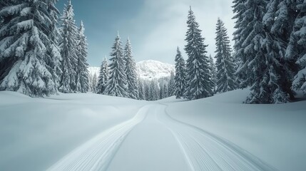 Snowcovered trees forming a pathway to a hidden destination, serene and magical, anticipation, emotion, journey