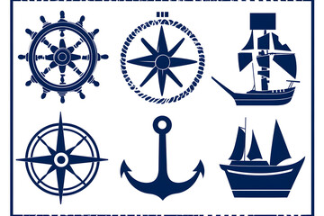 Nautical-themed vector icons featuring anchors, ship wheels, compasses, and sailing ships, perfect for maritime projects, travel branding, and ocean-inspired designs