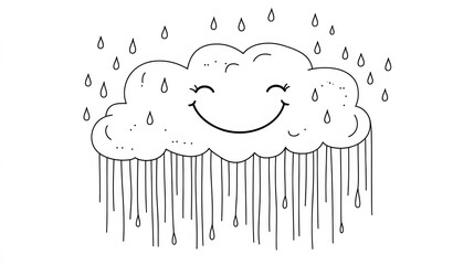A smiling rainbow cloud with drops of rain falling down, outlined in lines
