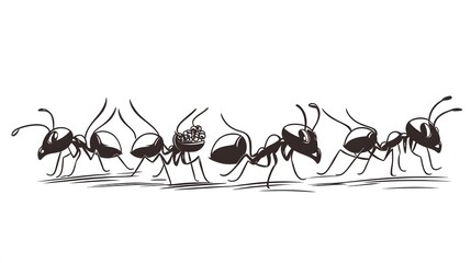 Fototapeta premium A group of happy ants carrying food along a line, simple line art style