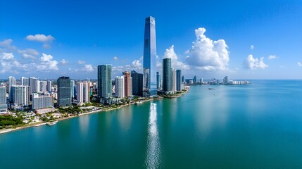 Naklejka premium Miami Skyline Aerial View, Cityscape, Ocean - Aerial photography