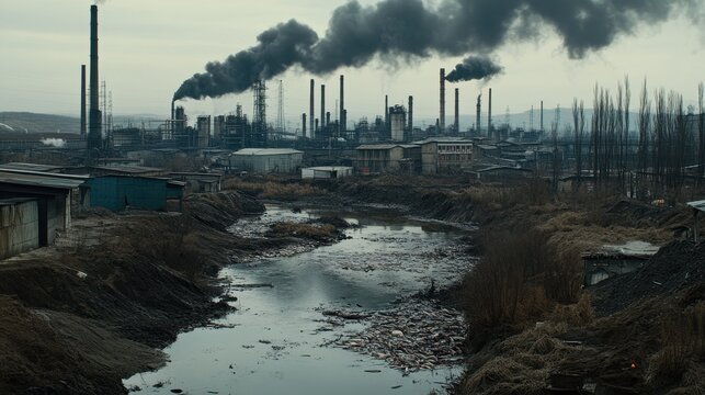 A polluted industrial river with dead fish floating on the surface, while factories release dark smoke into the sky. Nearby, residents collect water in buckets, showcasing the dire effects of 