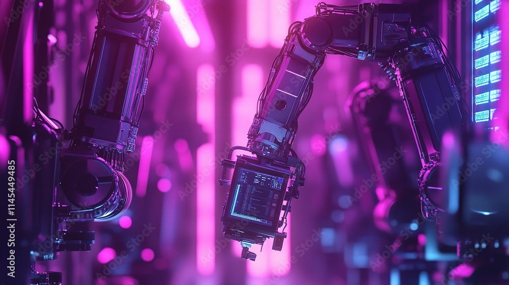 Poster intelligent automation with robotic arms in futuristic factory setting