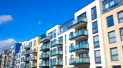 Fototapeta premium Modern Apartment Building Exterior, Blue Sky - Modern Architecture