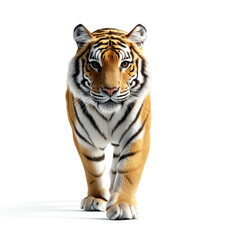 Obraz premium A majestic tiger walks confidently, showcasing its striking orange and black stripes against a plain background.