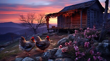 Obraz premium twilight, old hut with chicken legs, rural area HD 8K wallpaper Stock Photographic Image