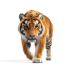 Obraz premium A powerful tiger approaches, showcasing its striking orange coat and intense gaze, emphasizing its majestic presence in the wild.