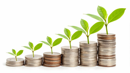 Stack of coins sprouting green leaves with soft bokeh background and copy space concept as A soft abstract image shows a stack of coins from which green leaves are sprouting set against a soft bokeh b