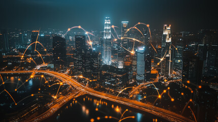 Fototapeta premium Smart digital Innovation city with connection network reciprocity over the cityscape. of future smart wireless city and social media networking systems that connects business people with in city