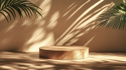 Obraz premium Natural wooden podium in sunlight with tropical tree shadow ideal for elegant product display and photography