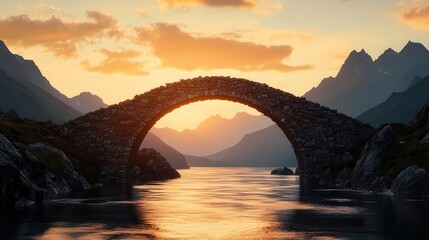 Ancient bridge over a flowing river with distant mountains, serene yet commanding, anticipation, emotion, journey