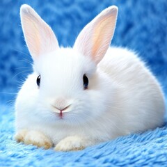 Obraz premium Adorable Fluffy White Rabbit on Blue Furry Background