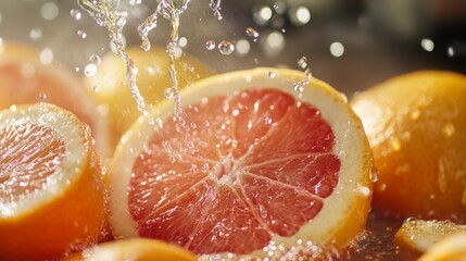 Grapefruit Splash: Juicy grapefruit halves and segments glistening under a cascade of water.  A vibrant, refreshing image perfect for showcasing healthy eating, citrus fruits, and summer vibes. 