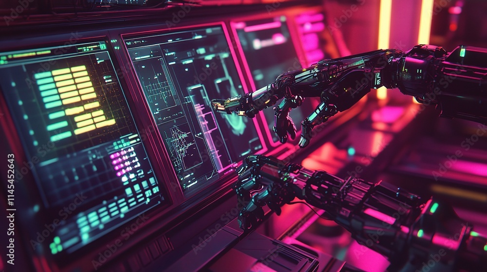 Poster intelligent robot arms working in a modern factory environment
