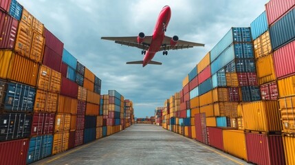 There are many containers piled up at the dock, and planes fly overhead