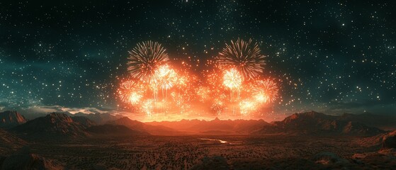 A grand fireworks show over a serene desert landscape. The bright lights contrast beautifully, Generative AI 