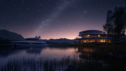 Fototapeta premium Futuristic lakeside mansion at night with yacht.