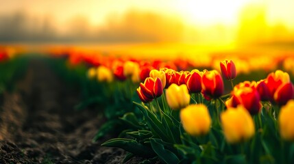 Vibrant Tulip Field Under Golden Sunrise Glow in Springtime