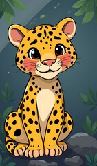 Fototapeta premium Stylized cute leopard vector art sitting in dark jungle background.. AI Generated
