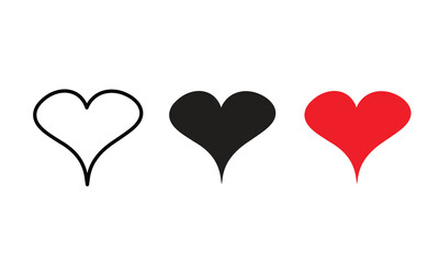 Heart icon set. Red, black, and outline heart icons. Love icon set