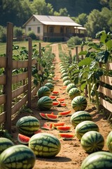 Fototapeta premium A rustic watermelon farm surrounded by wooden fences, with a small farmhouse visible in the background. Rows of healthy watermelon plants grow under the warm sunlight,