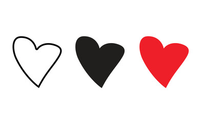 Heart icon set. Red, black, and outline heart icons. Love icon set