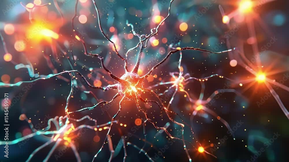 Poster 3d illustration of active neurons firing and making connections, possibly symbolizing brain activity