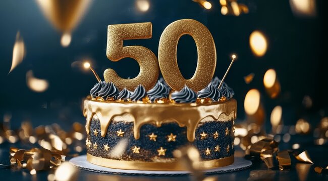 Elegant golden 50th birthday cake adorned with colorful confetti.