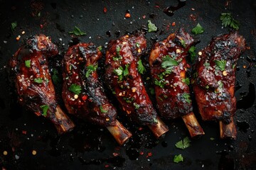 Glazed BBQ pork ribs, garnished with parsley and chili flakes, arranged on a dark surface. Perfect for menus, food blogs, or BBQ-themed projects.