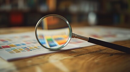 Close-Up of Magnifying Glass Over Colorful Documents and Analytics