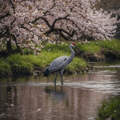 Fototapeta premium A graceful crane wading in a shallow stream surrounded by flowering cherry blossoms.