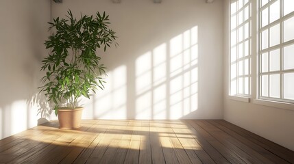 Fototapeta premium Sunlight intensely flooding plant pot mockup wide shot photo. AI Generated