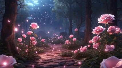 Fototapeta premium a tranquil misty forest scene featuring vibrant pink roses scattered across a dark a dark,