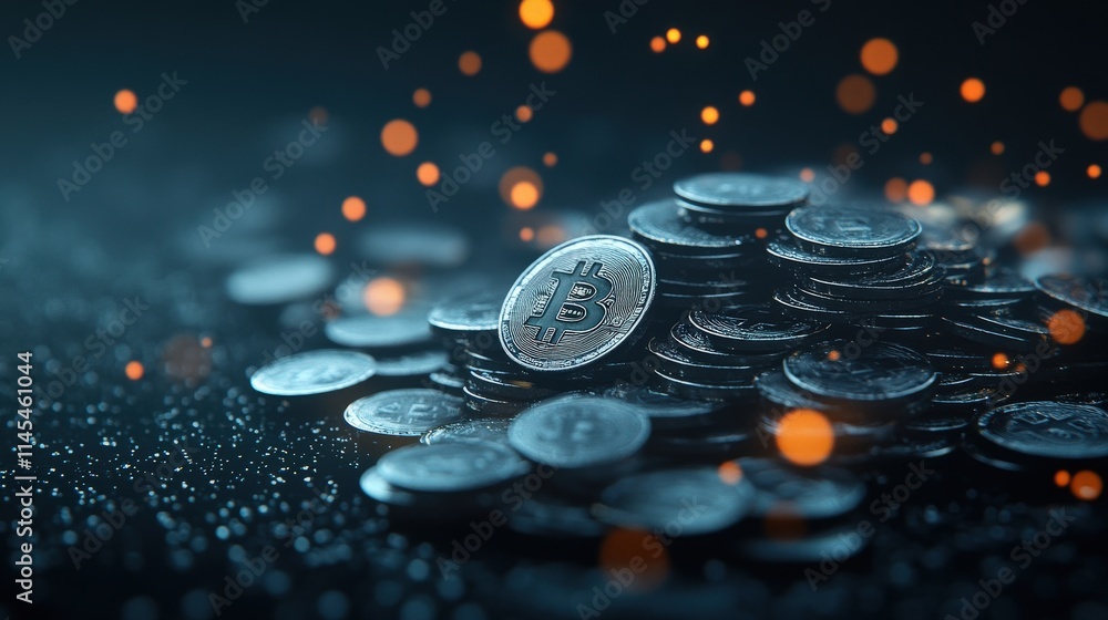 Poster close-up of shiny bitcoin coins surrounded by glimmering light particles on a dark background ideal 