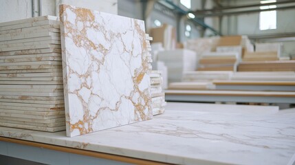 Obraz premium Marble tiles stacked in a warehouse display.