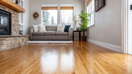 Fototapeta premium Cozy living room with hardwood floor and natural light.