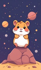 Fototapeta premium Hamster sits on rock starry background digital painting fantasy-inspired art. AI Generated