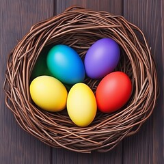 Colorful Easter Eggs Nestled in Rustic Woven Basket