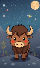Fototapeta premium Cute Brown Yak Stands Under Starry Sky Digital Painting Style Illustration. AI Generated