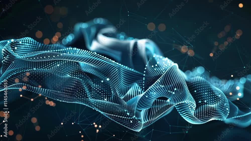 Poster digital data flowing and forming a futuristic blue waving mesh with connecting lines and dots, repre
