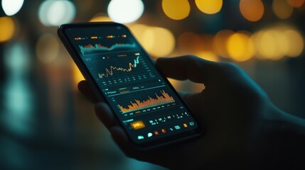 Hand Holding Smartphone Displaying Financial Data with Colorful Graphs and Charts in a Dimly Lit Setting, Perfect for Business and Technology Themes