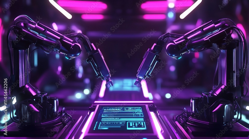 Poster intelligent automation with robotic arms in a futuristic environment