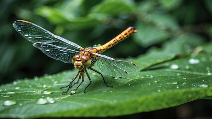 A brown dragonfly with intricate wing patterns rests on a green leaf