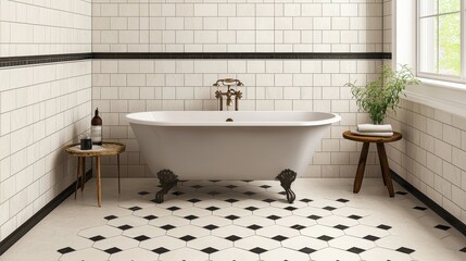 Elegant vintage bathroom with freestanding tub and stylish decor.
