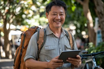 Smiling man with backpack uses tablet outdoors. Ideal for travel, technology, and adventure themes.