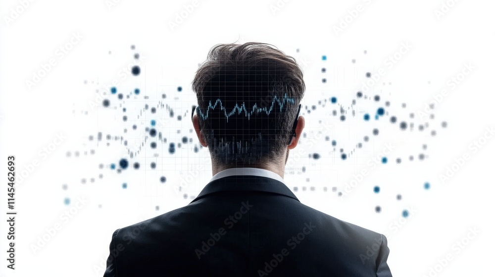 Poster professional man analyzing data trends with digital graph overlay, business insight, and modern tech