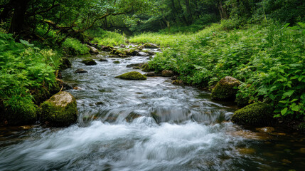 Fototapeta premium Serene Forest Stream Cascading Through Lush Greenery A Tranquil Nature Scene