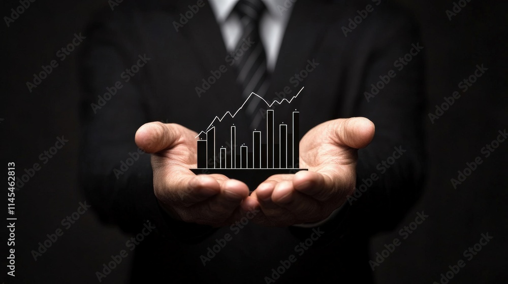 Poster Businessman in Suit Holding a 3D Graphic of Growing Bar Charts and Line Graphs to Represent Financial Success and Data Analysis in a Dark Environment
