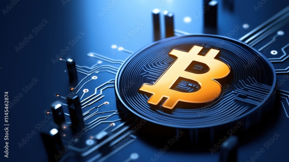 Poster Detailed Close-Up of a Bitcoin Logo on a Circuit Board Showcasing Digital Currency and Blockchain Technology in a Dark, Futuristic Background