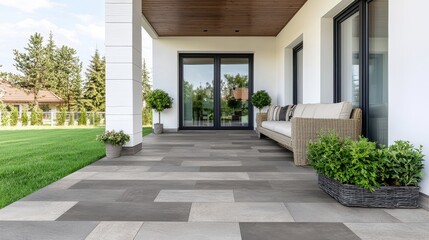 Obraz premium Modern porch with stylish flooring and greenery accents.